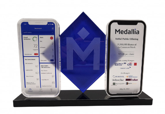 Initial Public Offering Common Stock Sale Financial Tombstone with Custom Mocked-up Phone Screens, Color Logos, and Large Central Logo.