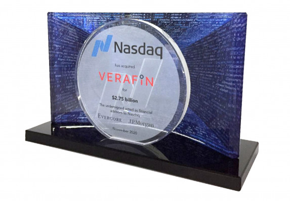 A luxury crystal deal toy presented in commemoration of a large fraud detection technology brand acquisition.