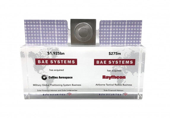 A model satellite sits atop this unique custom deal gift which includes a reverse etched map and color printed transaction details.