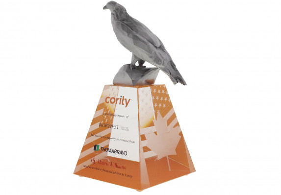 A silver 3D printed eagle is mounted atop a tapered crystal tombstone base with color printing in this majority investment deal gift.