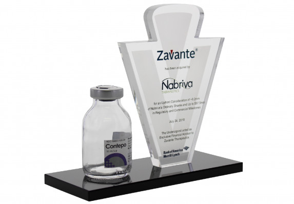 Custom deal toy with model of a medicine bottle and a logo cut out plaque with tombstone text.