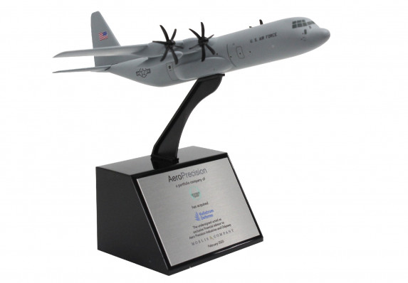 Custom deal toy with logos and text on an elegant tapered base with a model airplane mounted on top.