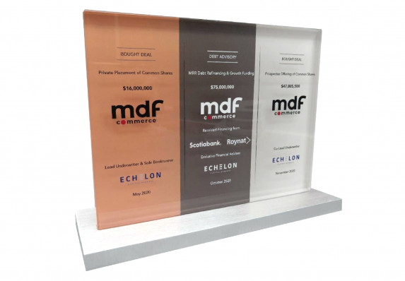 Multiple tombstone deal gift with the details of three, staggered transactions. This unique plaque deal gift includes high-end acrylic, color printing and an aluminum base.