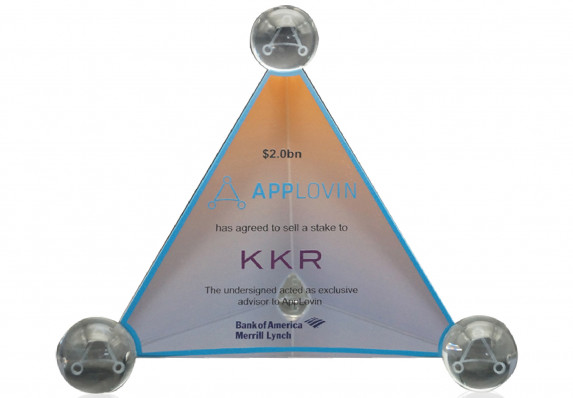 Financial details are presented on a pyramidal deal toy form with spheres capping each corner. Printed color gradation adds visual interest.