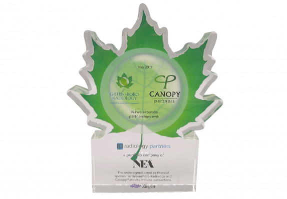 This custom-cut and printed deal gift highlights the details of a financial partnership and proudly displays the logos of the brands and financial sponsors involved.