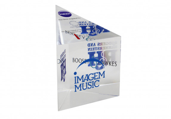 Deal toy presented for an acquisition deal. The prismatic form is color printed with logos and deal text on multiple sides for a unique effect.