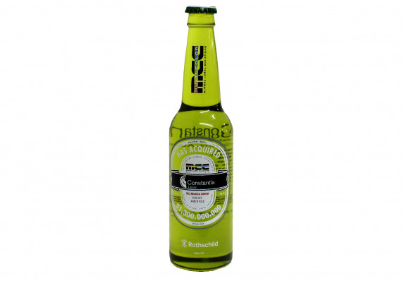 Acquisition deal gift with color printing on a realistic acrylic bottle.