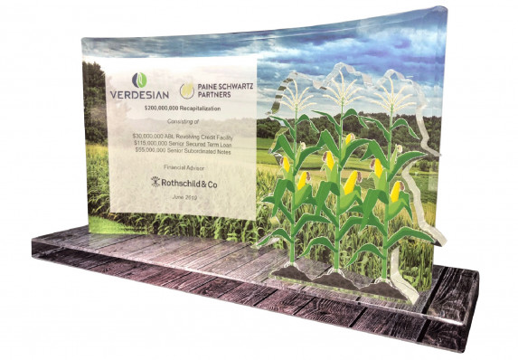 This custom crystal tombstone was crafted with full color printing for a recapitalization deal.