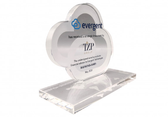 A cut crystal deal gift with reverse etching and color printed logos.