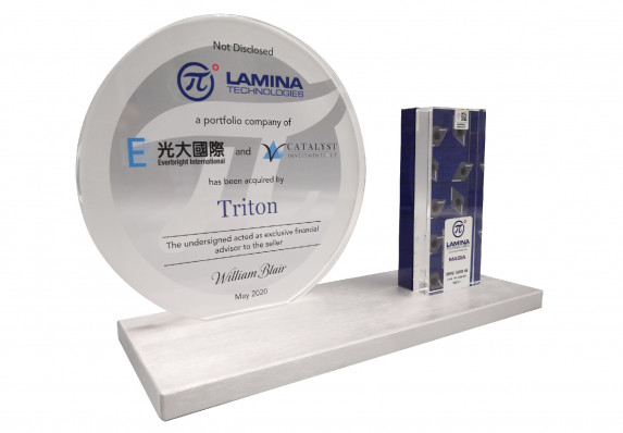 This unique and elegant financial tombstone was crafted for the acquisition of a technology company. The piece features two custom color-printed plaques on a sleek base.