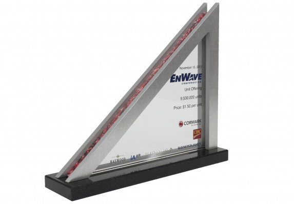 Metal framed glass panel with color printed financial deal toy text of a unit offering deal.