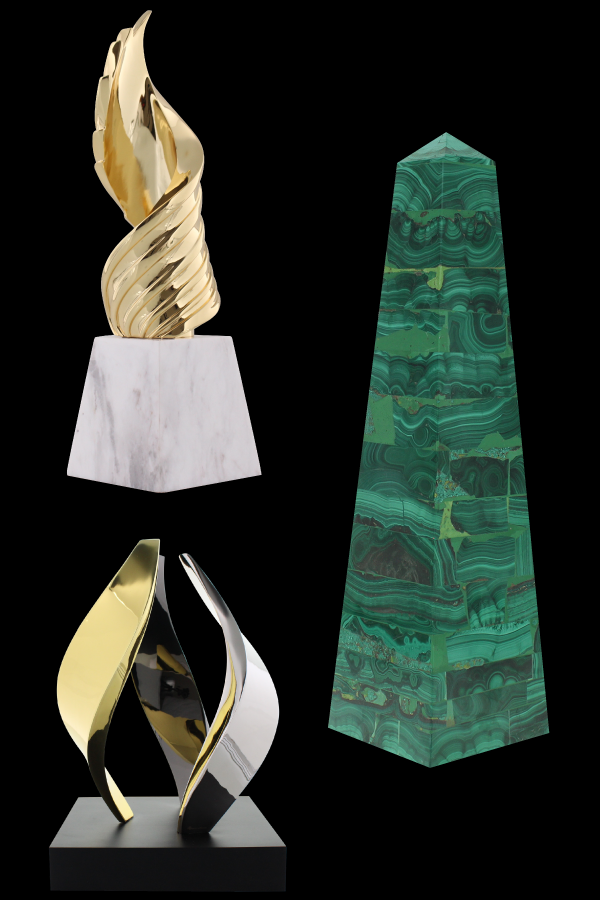 Society Awards Exclusive Collections Society Wings gold trophy on marble base, limited edition Malachite Obelisk, Aria IV with gold silver and black nickel on a matte black base trophy