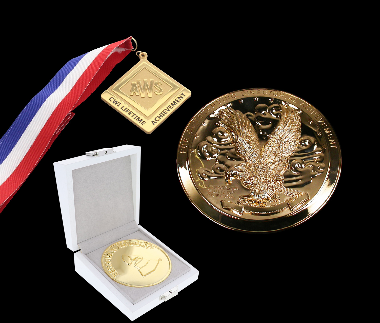 Custom medals created by Society Awards for the GRAMMYs Recording Academy, AWS CWI Lifetime achievement, and a golden eagle medal