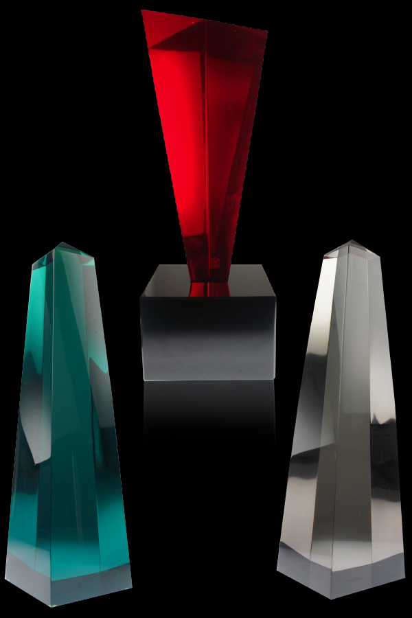 Exclusive Design Lucite Acrylic trophies by Society Awards, the Modern Obelisk Emerald Lucite Award, the Breakthrough Awards, the Modern Obelisk Smoky Quartz Lucite Award