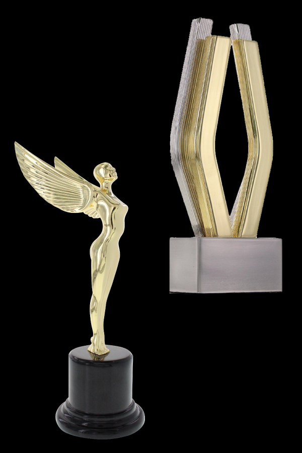 Exclusive Society Awards trophy designs of the gold Society Angel on Round base and the gold metal Vower 