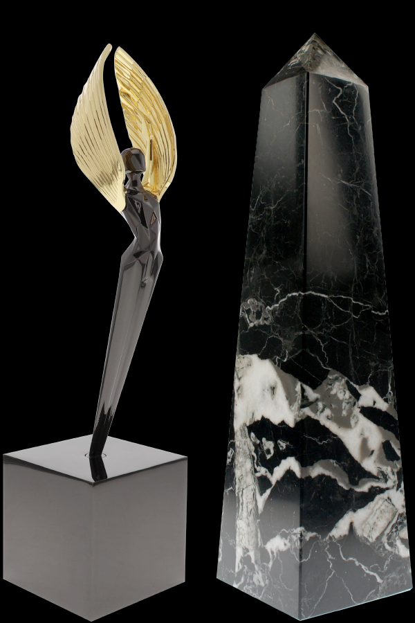 Exclusive Society Award designs, the Poly Angel Black Nickel and Gold award, the Straight Obelisk Black Zebra Award
