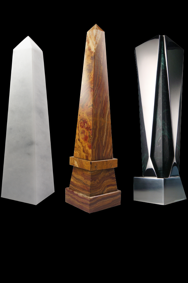 Exclusive Obelisk awards designed by Society Awards, the Straight Obelisk White Marble Award, the Stepped Obelisk Amber Onyx Award. The Gatsby black and silver award