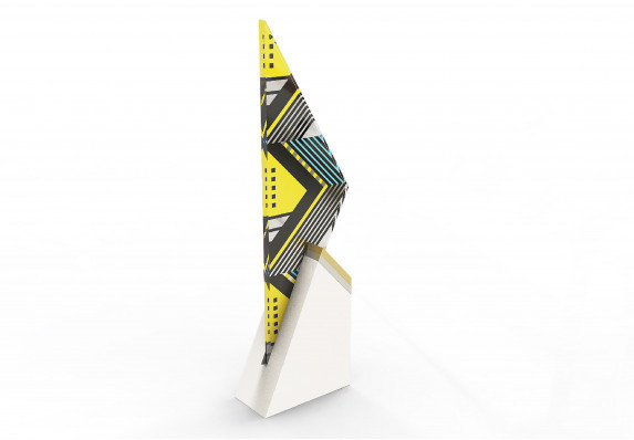 Triangular award in colorful yellow and blue with hints of black.