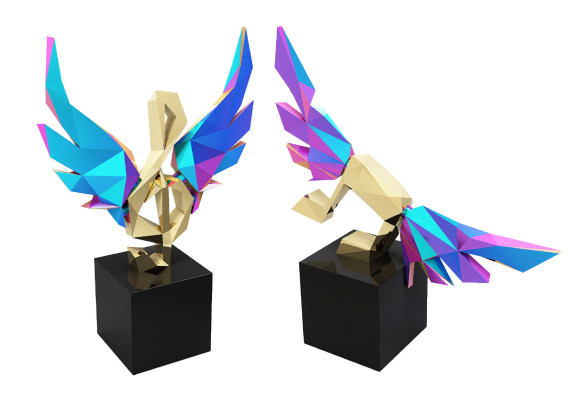 Low poly art style clef and note awards with IP Chromatic wing accents, flying music awards.