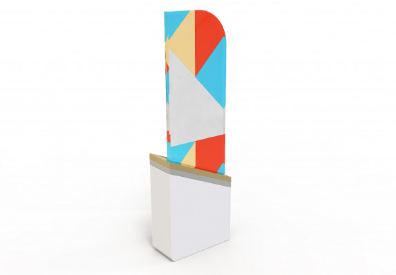 Colorful trophy with geometric coloring atop a white base with silver and gold stripes.