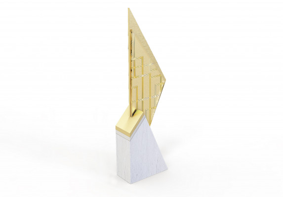 Gold triangular figure atop a white edgy base.