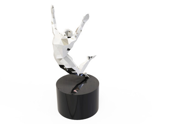 A polygonal figurine, reflecting brilliantly from every facet, with arms extended upwards in a falling pose.