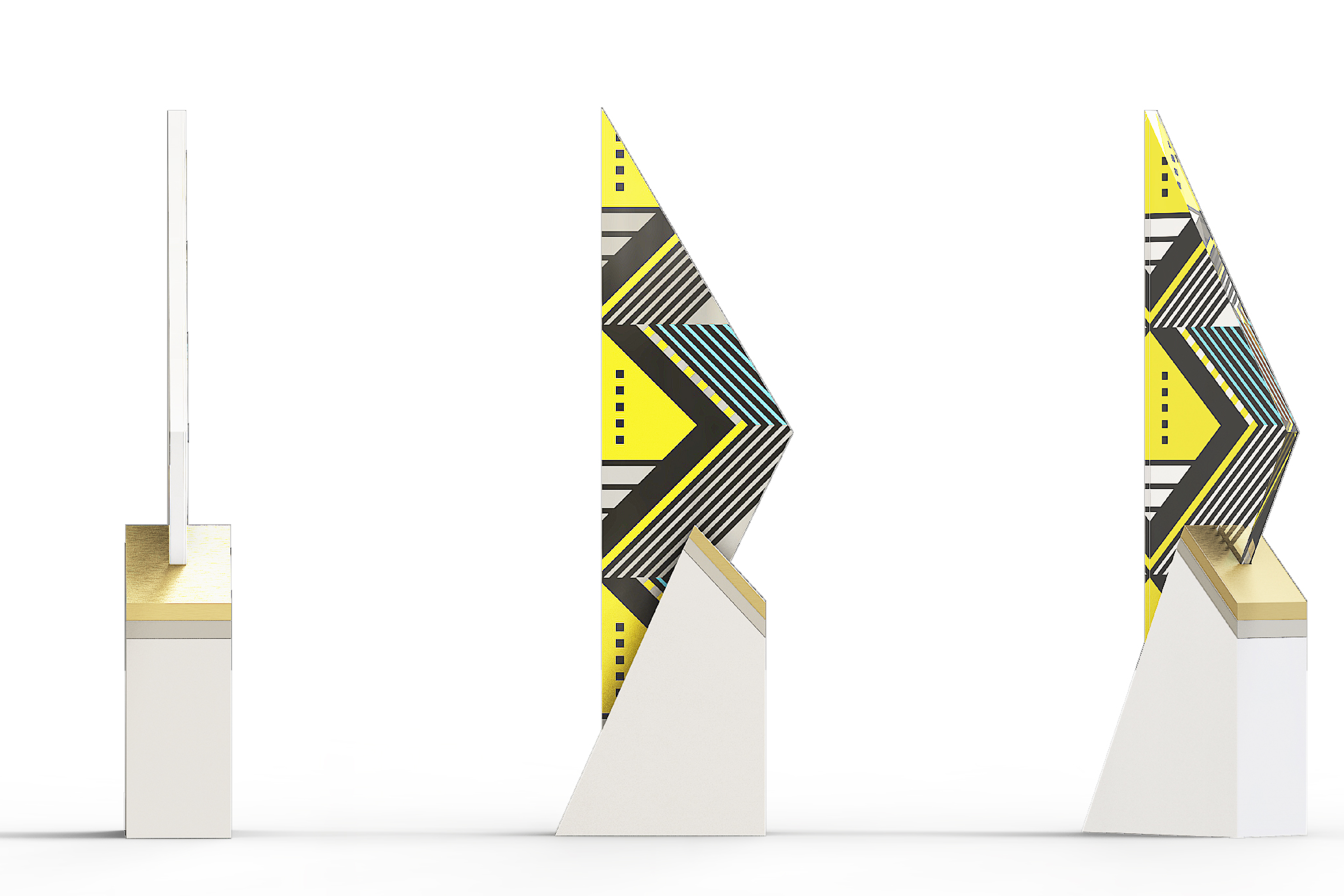 Triangular award in colorful yellow and blue with hints of black.