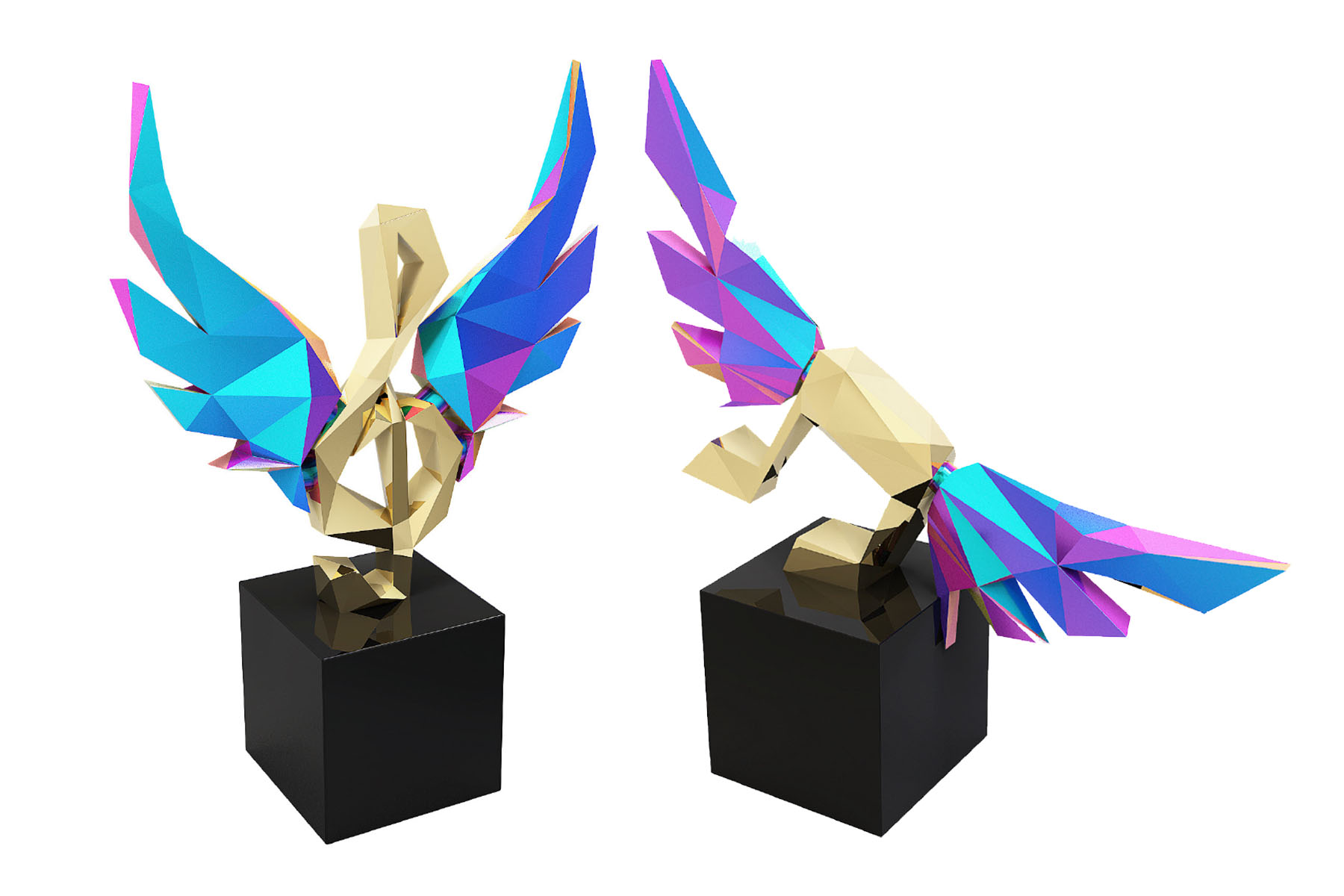 Low poly art style clef and note awards with IP Chromatic wing accents, flying music awards.
