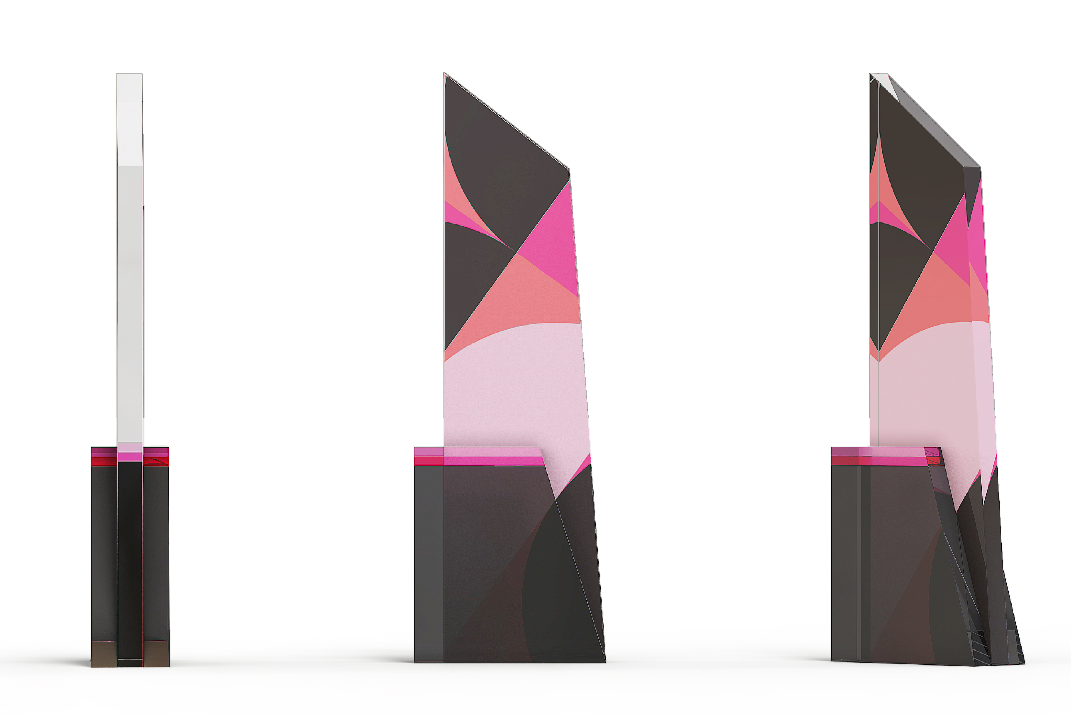 Asymmetrical award with multiple shades of pink atop a black base.