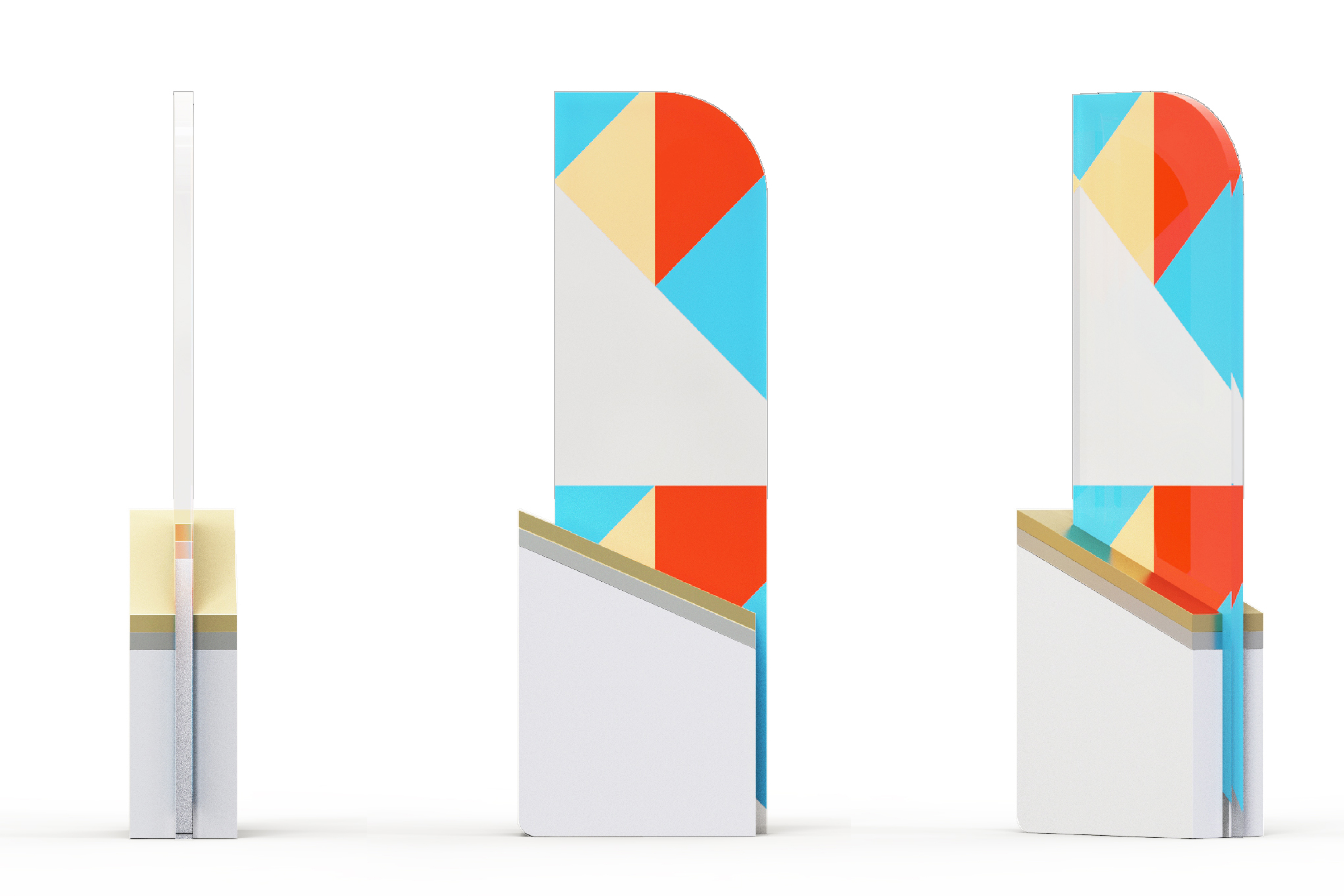 Colorful trophy with geometric coloring atop a white base with silver and gold stripes.