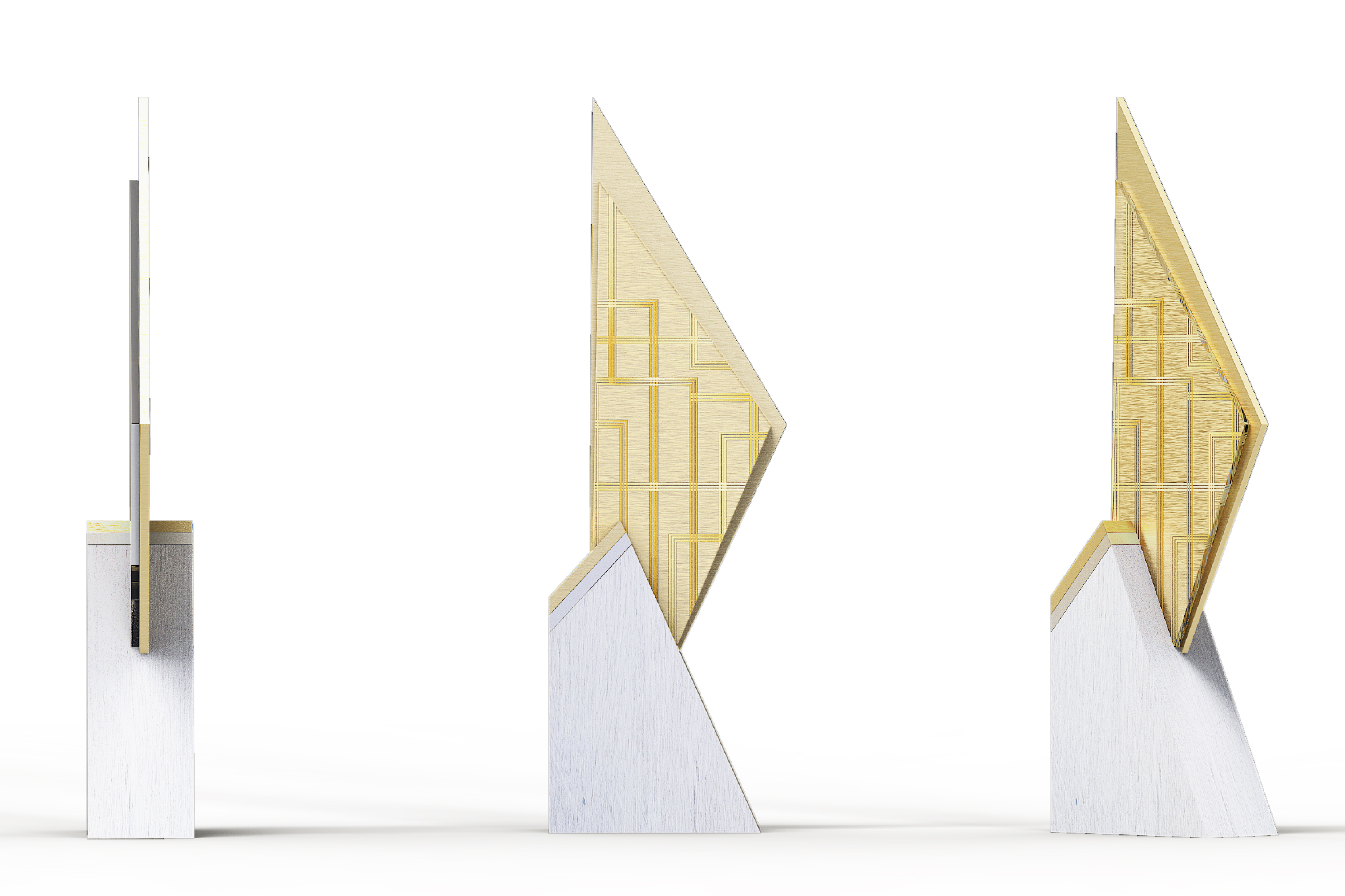 Gold triangular figure atop a white edgy base.